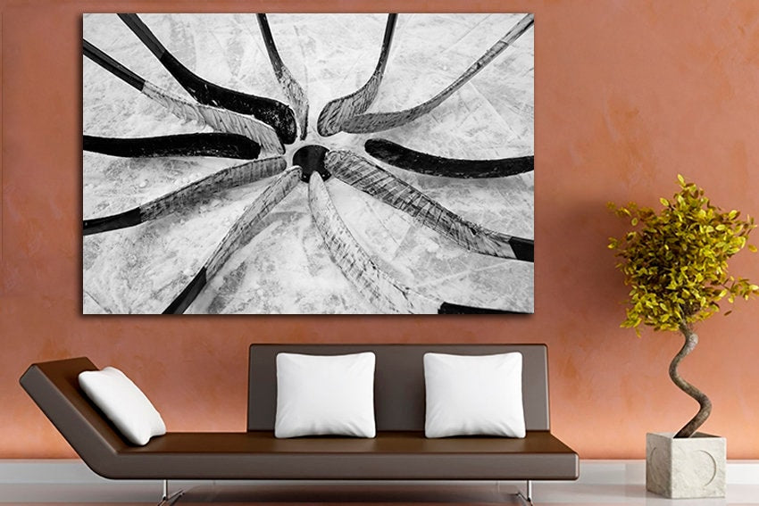 Hockey canvas Sports game decor Stick and puck art Ice rink Gym print Black and white gift Playroom artwork