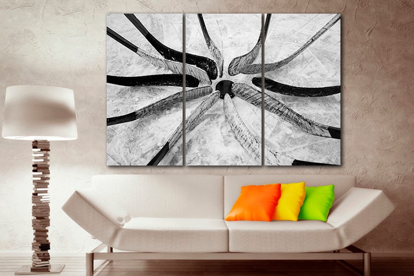 Hockey canvas Sports game decor Stick and puck art Ice rink Gym print Black and white gift Playroom artwork