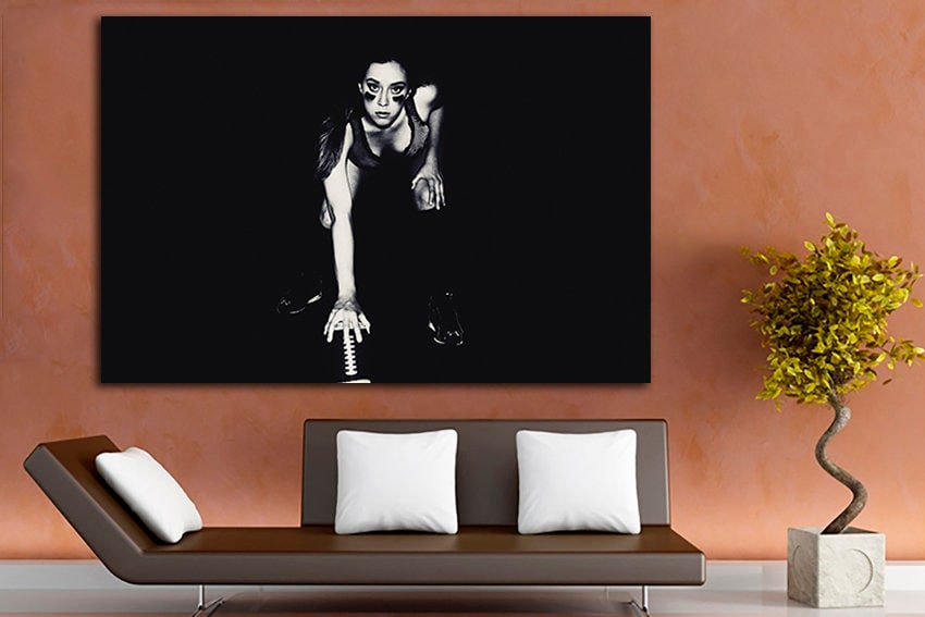 Football player Sportswoman art American football Sports canvas Boy game room decor Playroom picture Football wall print Black white decor