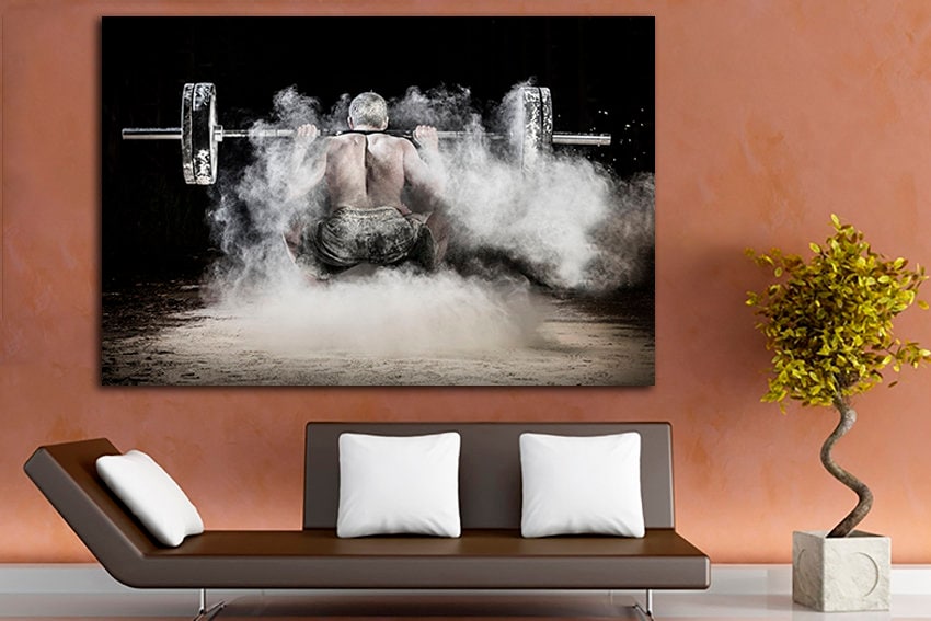 Barbell canvas Gym wall print Sportsman decor Fitness art Sport photo Boy game room art Athlete gift