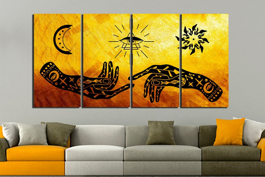 Magic symbol canvas Eye talisman Moon pentacle Hamsa hand art Symbol ritual Moon sun décor spiritual decor Talisman evil eye