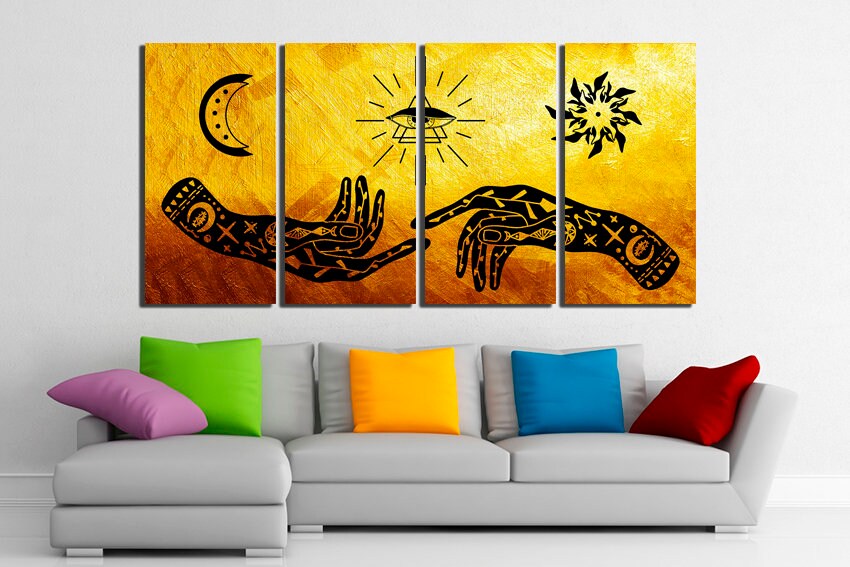 Magic symbol canvas Eye talisman Moon pentacle Hamsa hand art Symbol ritual Moon sun décor spiritual decor Talisman evil eye