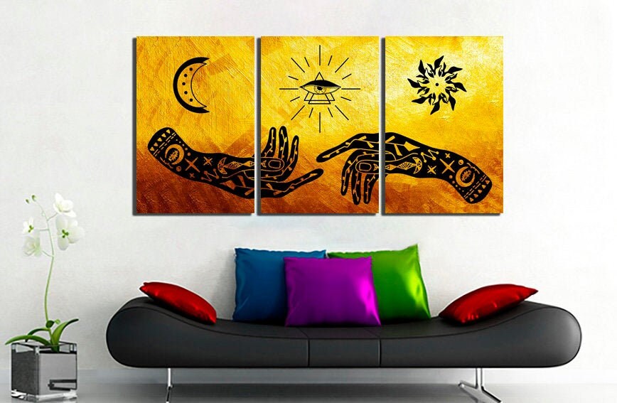 Magic symbol canvas Eye talisman Moon pentacle Hamsa hand art Symbol ritual Moon sun décor spiritual decor Talisman evil eye