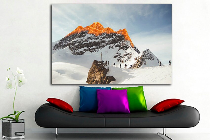 Rock climber art Mountain canvas Winter sports décor Travel artwork Sunset Alpinism photo