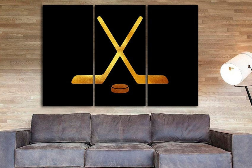Hockey stick puck canvas Winter sports print Ice rink decor player gifts Design home art