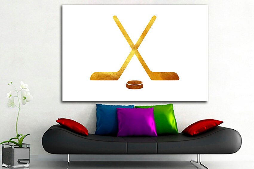Stick and puck art Hockey canvas Winter sports decor Ice rink print Boy room artwork Field hockey player White yellow décor