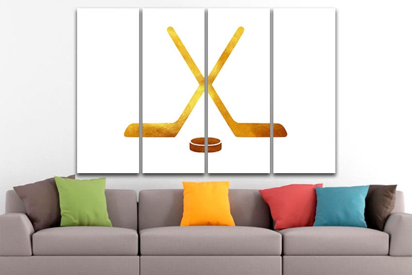 Stick and puck art Hockey canvas Winter sports decor Ice rink print Boy room artwork Field hockey player White yellow décor