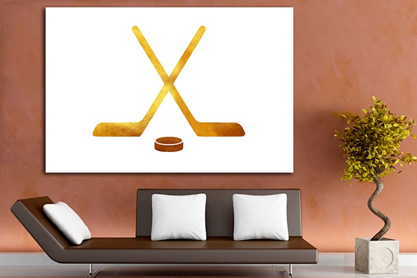 Stick and puck art Hockey canvas Winter sports decor Ice rink print Boy room artwork Field hockey player White yellow décor