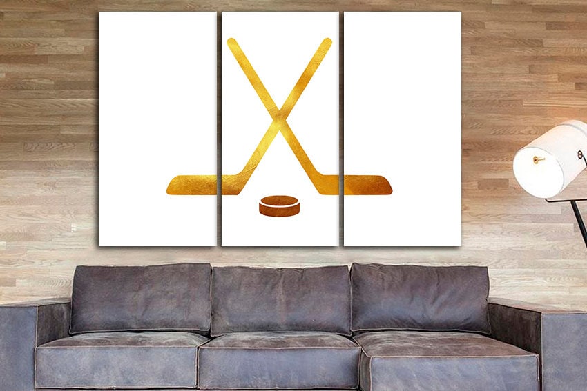 Stick and puck art Hockey canvas Winter sports decor Ice rink print Boy room artwork Field hockey player White yellow décor