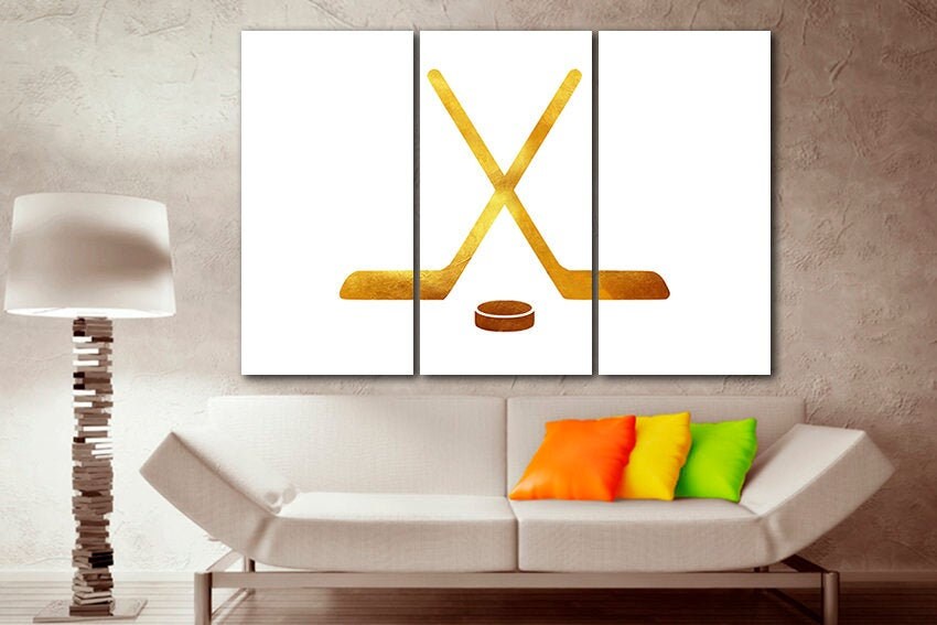 Stick and puck art Hockey canvas Winter sports decor Ice rink print Boy room artwork Field hockey player White yellow décor