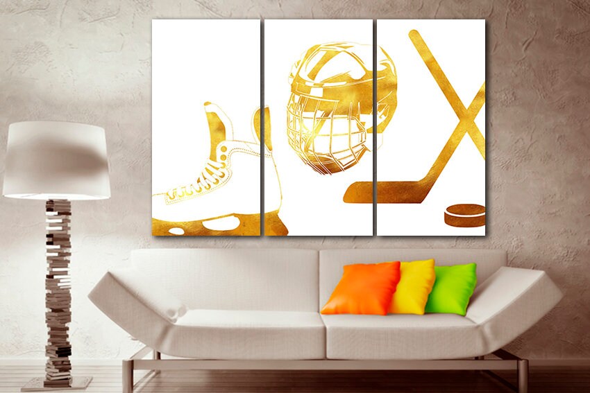 Hockey helmet canvas Stick and puck print Shoe art Sports wall decor Ice rink gift