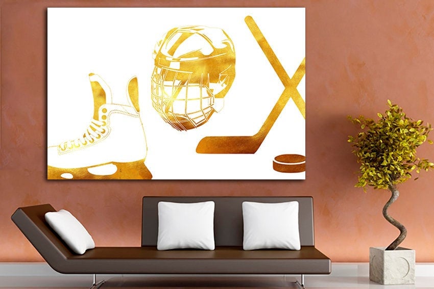 Hockey helmet canvas Stick and puck print Shoe art Sports wall decor Ice rink gift