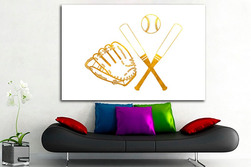 Baseball canvas Ready to hang Bat mitten ball Sport wall decor Boy room print ready to hang