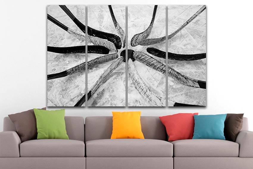 Hockey canvas Sports game decor Stick and puck art Ice rink Gym print Black and white gift Playroom artwork