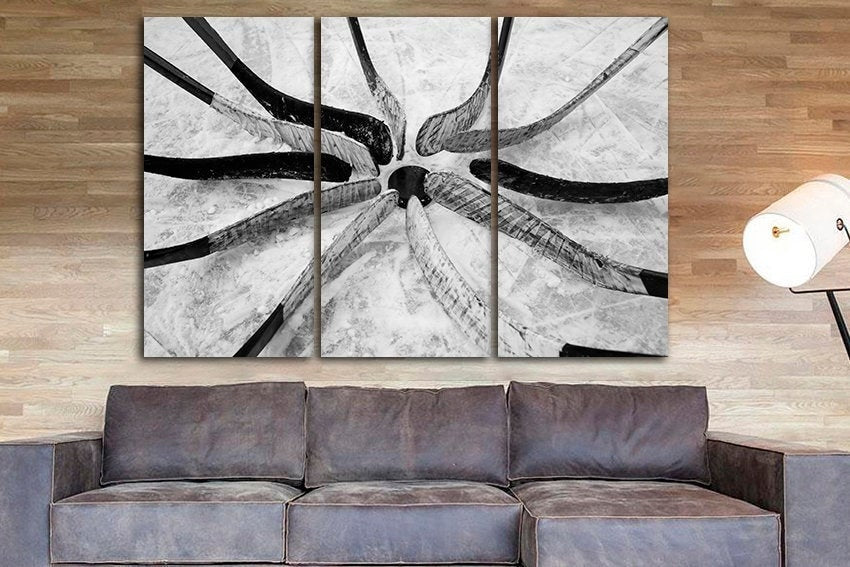 Hockey canvas Sports game decor Stick and puck art Ice rink Gym print Black and white gift Playroom artwork
