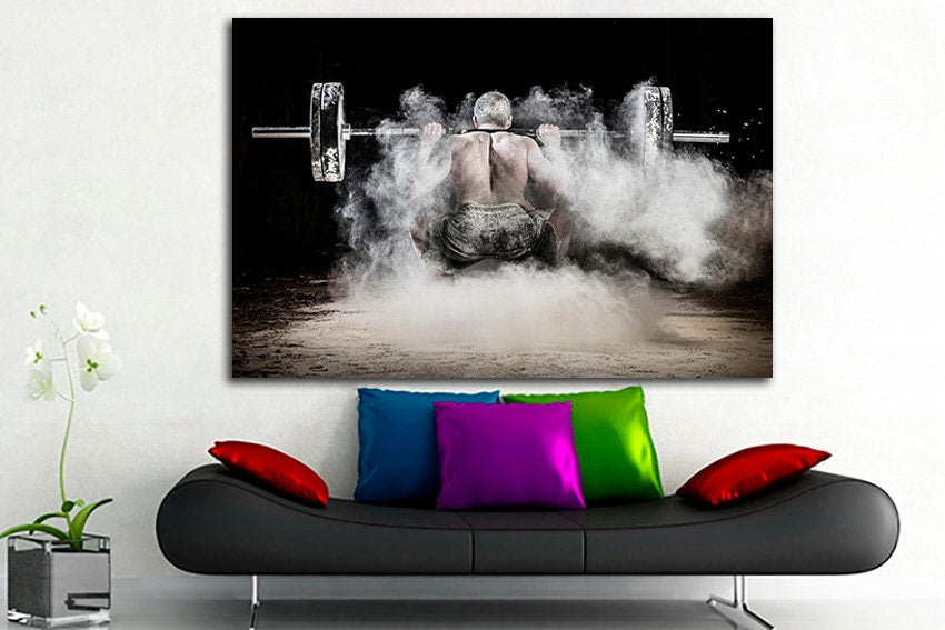 Barbell canvas Gym wall print Sportsman decor Fitness art Sport photo Boy game room art Athlete gift