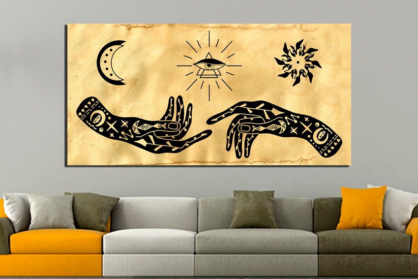Magic hand symbol Print on canvas Eye talisman spiritual Hamsa print Triple moon pentacle Hamsa hand art Evil eye