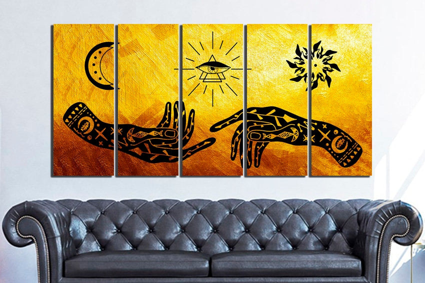 Magic symbol canvas Eye talisman Moon pentacle Hamsa hand art Symbol ritual Moon sun décor spiritual decor Talisman evil eye