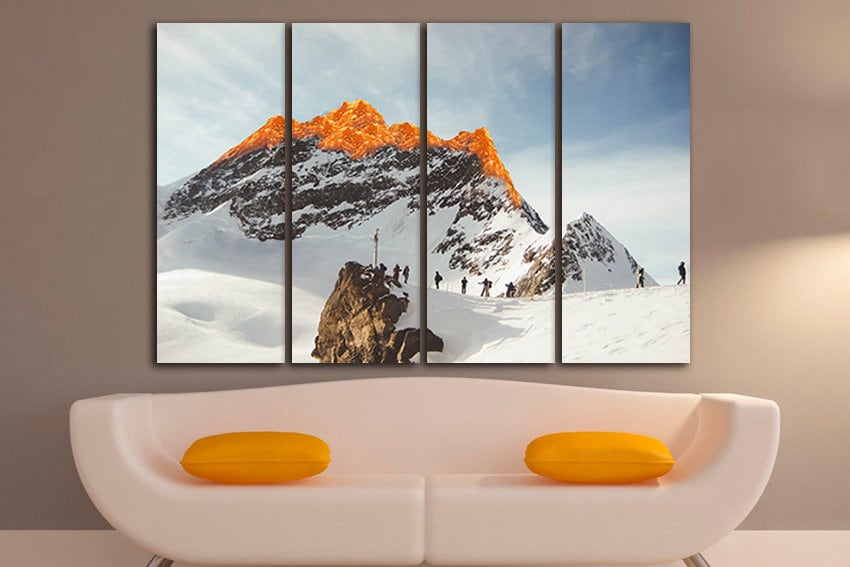 Rock climber art Mountain canvas Winter sports décor Travel artwork Sunset Alpinism photo