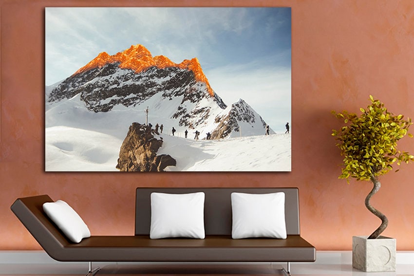 Rock climber art Mountain canvas Winter sports décor Travel artwork Sunset Alpinism photo