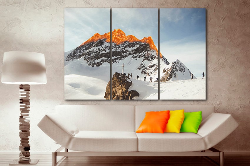 Rock climber art Mountain canvas Winter sports décor Travel artwork Sunset Alpinism photo