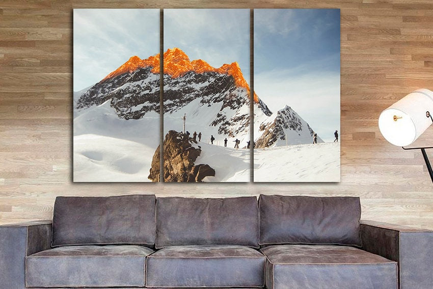 Rock climber art Mountain canvas Winter sports décor Travel artwork Sunset Alpinism photo