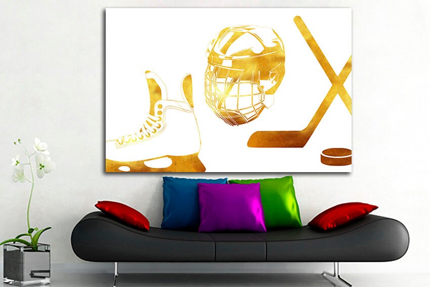 Hockey helmet canvas Stick and puck print Shoe art Sports wall decor Ice rink gift
