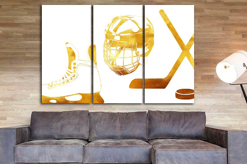 Hockey helmet canvas Stick and puck print Shoe art Sports wall decor Ice rink gift