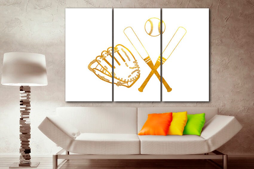 Baseball canvas Ready to hang Bat mitten ball Sport wall decor Boy room print ready to hang
