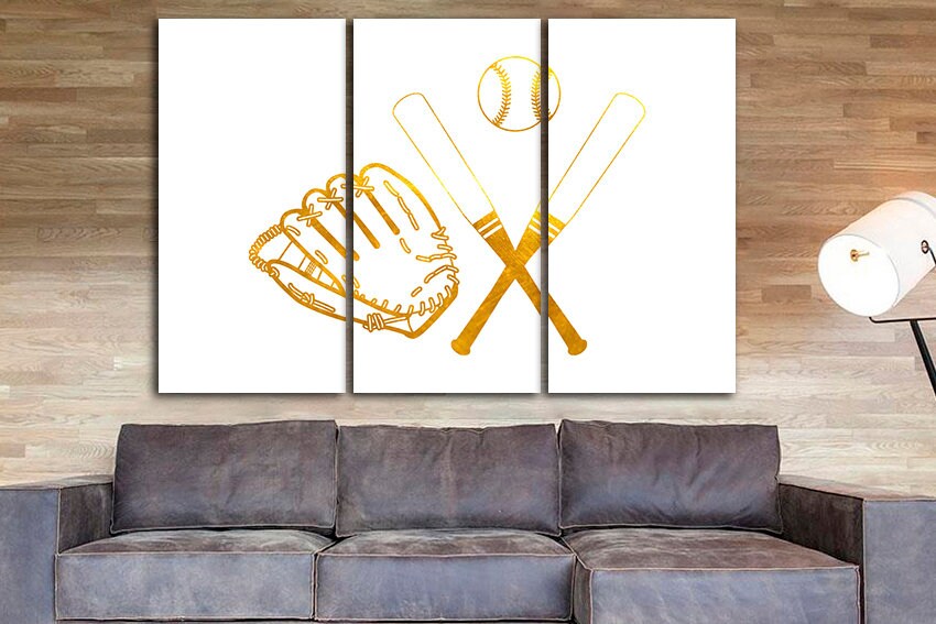 Baseball canvas Ready to hang Bat mitten ball Sport wall decor Boy room print ready to hang