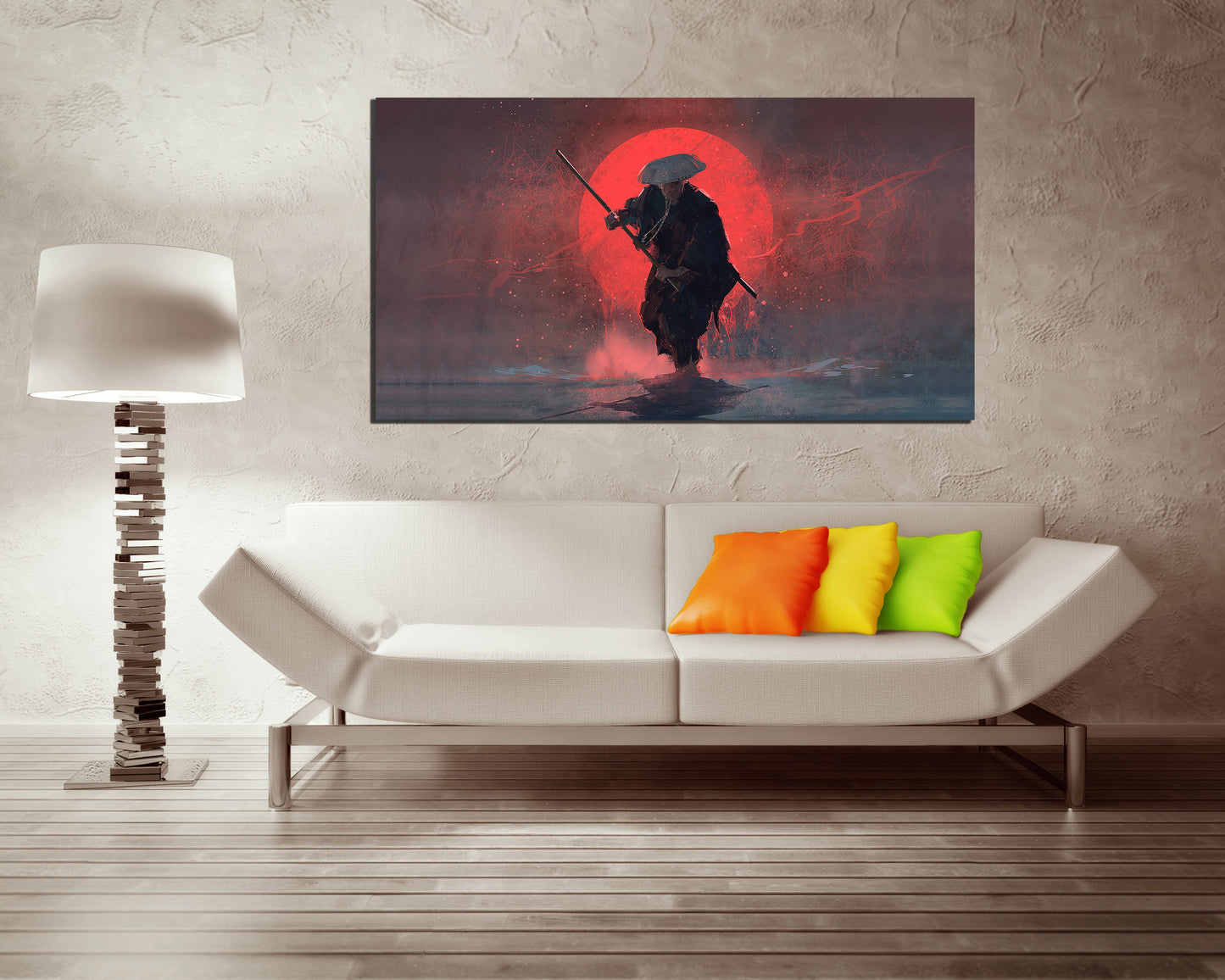 Samurai canvas Japanese art works Traditional Japan Red moon décor