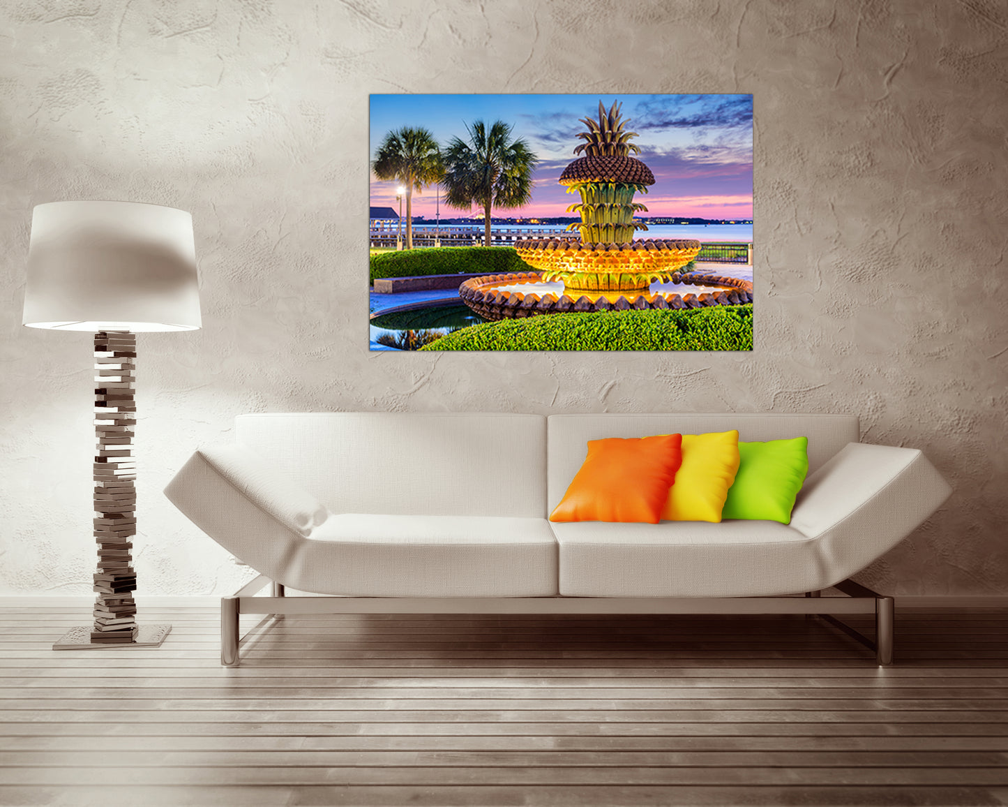 Fountain canvas Charleston art Pineapple fountain South Carolina art Palm tree décor Travel landscape city