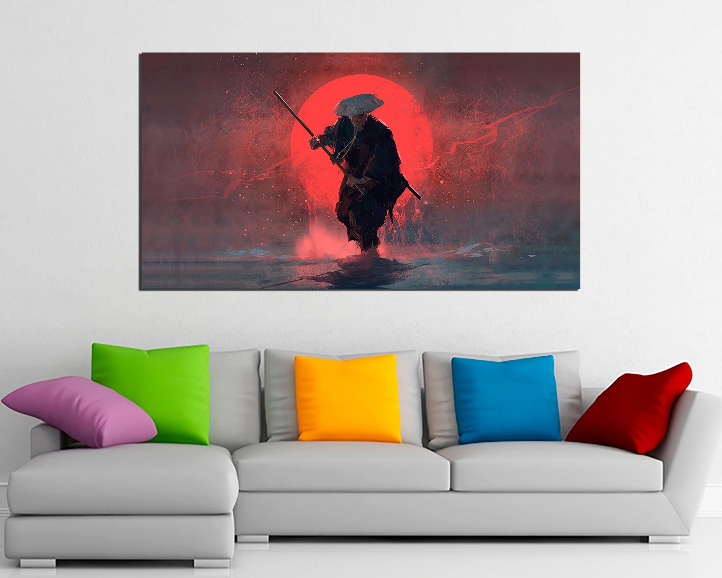Samurai canvas Japanese art works Traditional Japan Red moon décor