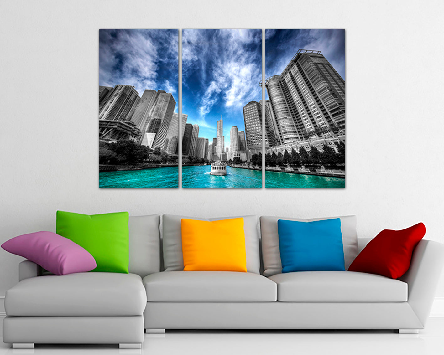 Chicago city Riverwalk canvas Skyline art Cityscape Blue sky design travel prints
