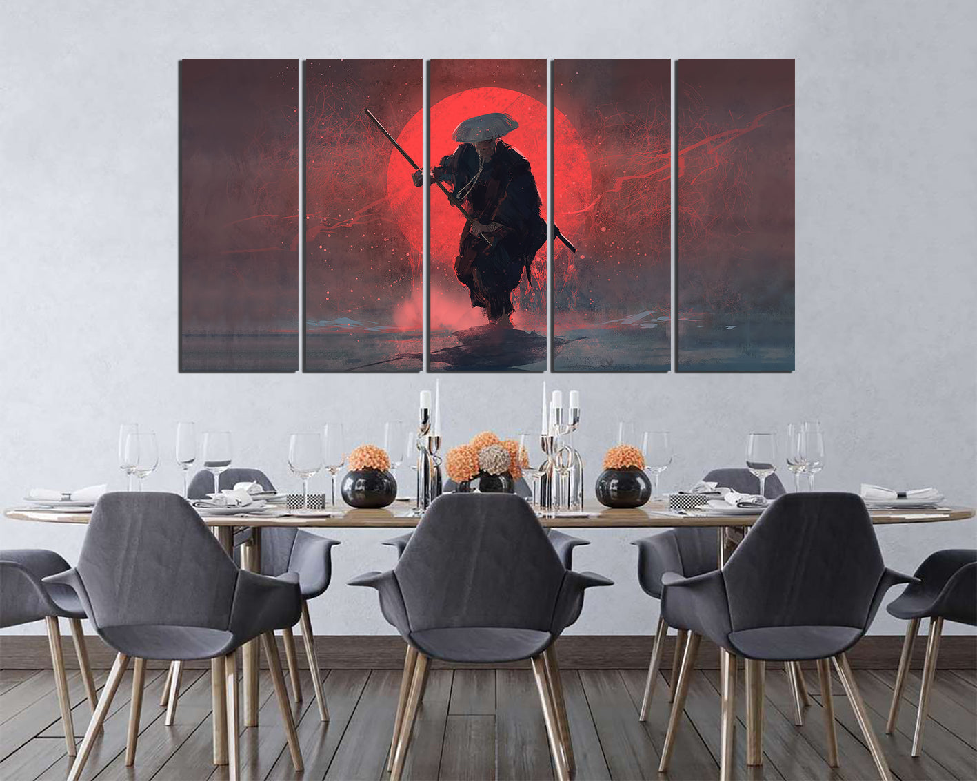 Samurai canvas Japanese art works Traditional Japan Red moon décor