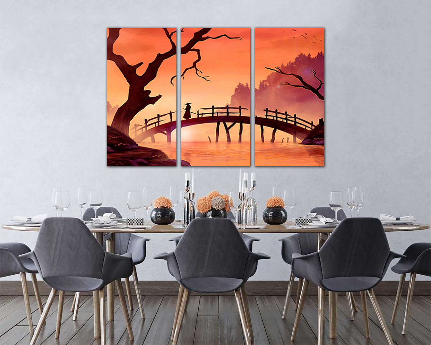Samurai canvas Japanese art Traditional Japan Bridge wall art Samurai wall art Samurai wall décor Traditional art Gift samurai decor