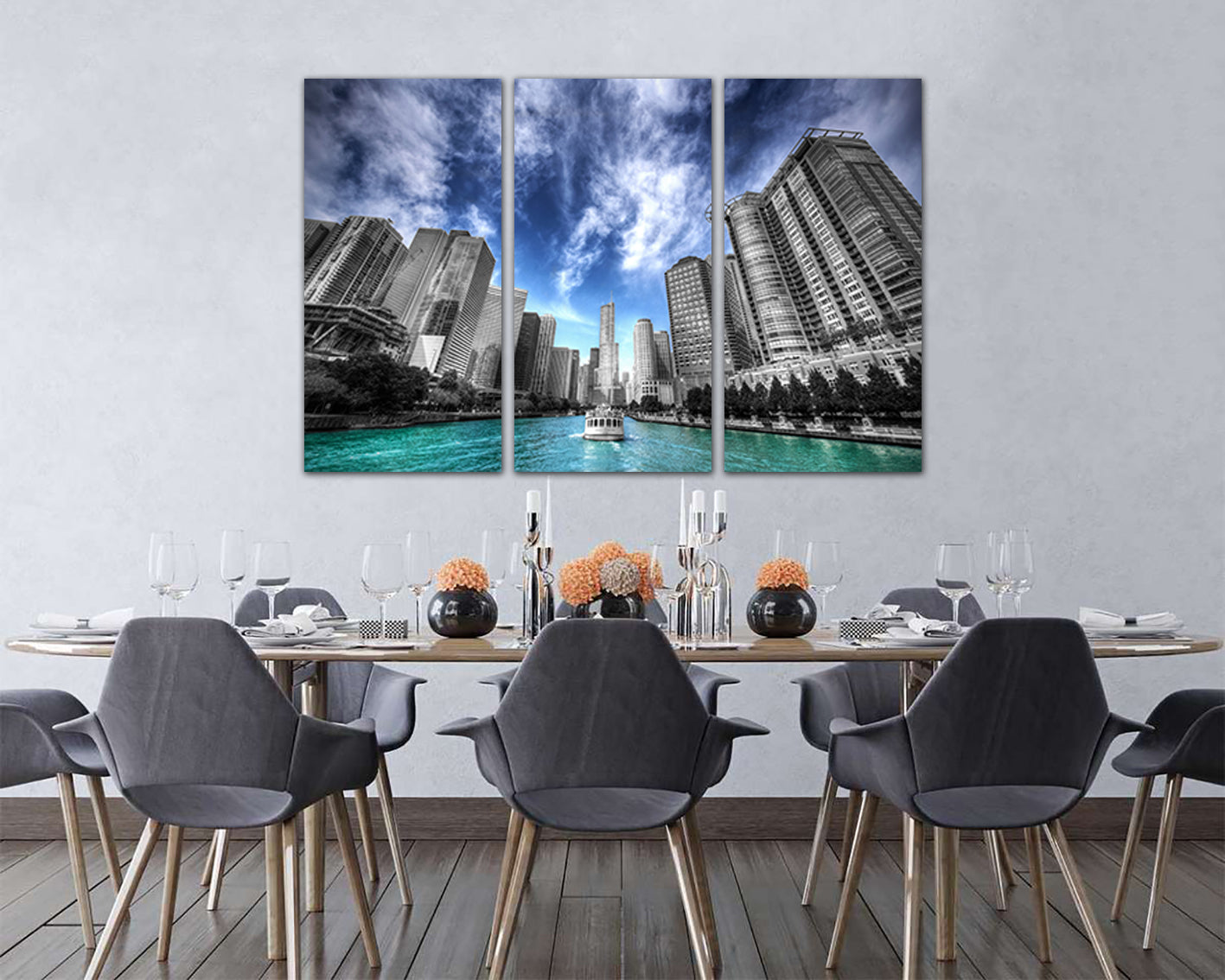 Chicago city Riverwalk canvas Skyline art Cityscape Blue sky design travel prints