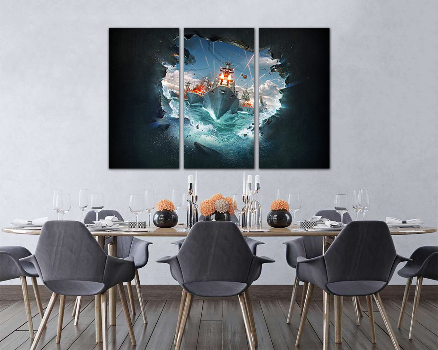 Warship canvas Kids wall art Nursery decor Sea battle Boy room artwork