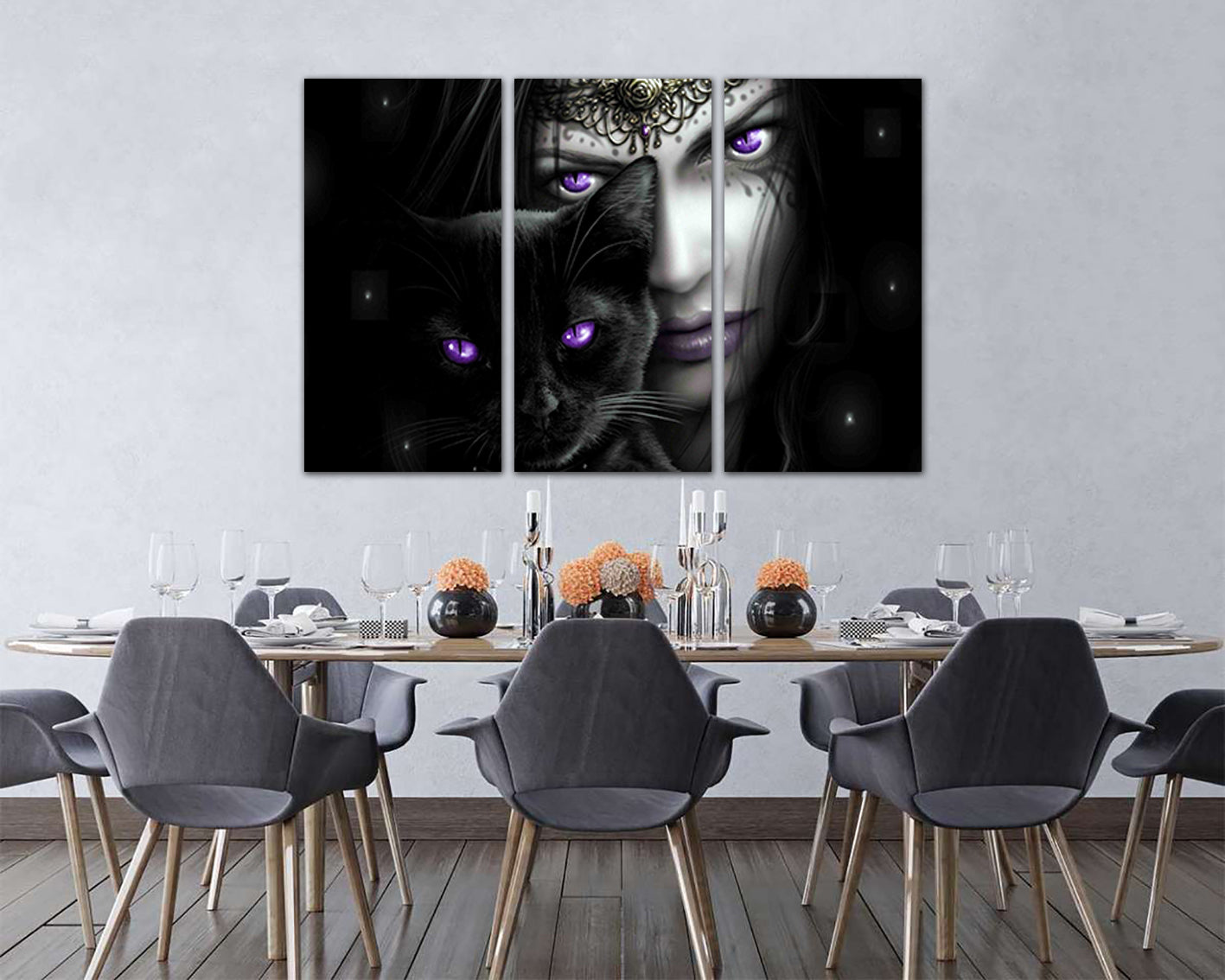 Gothic Victorian print on canvas Black cat décor for wall Magic art work