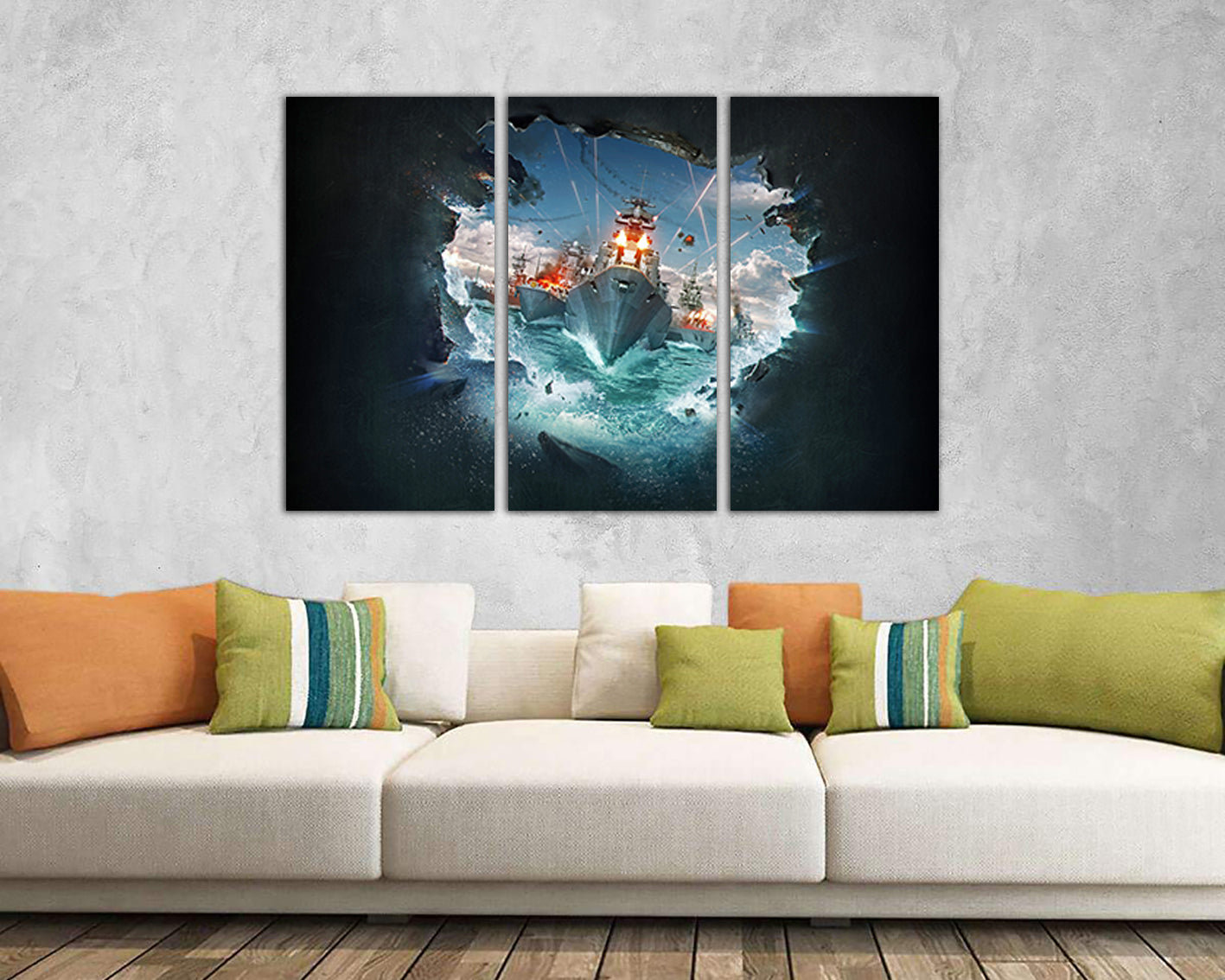Warship canvas Kids wall art Nursery decor Sea battle Boy room artwork