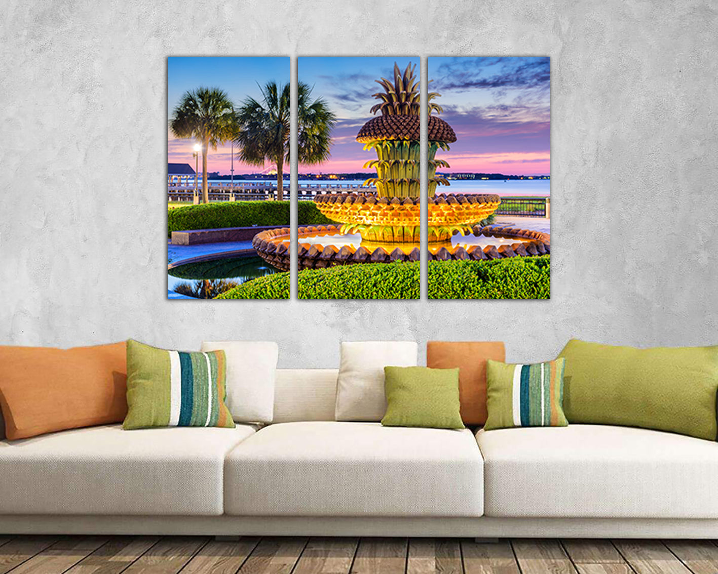 Fountain canvas Charleston art Pineapple fountain South Carolina art Palm tree décor Travel landscape city