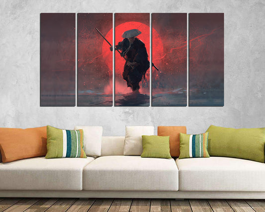 Samurai canvas Japanese art works Traditional Japan Red moon décor