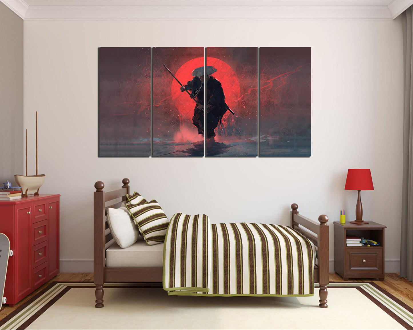 Samurai canvas Japanese art works Traditional Japan Red moon décor
