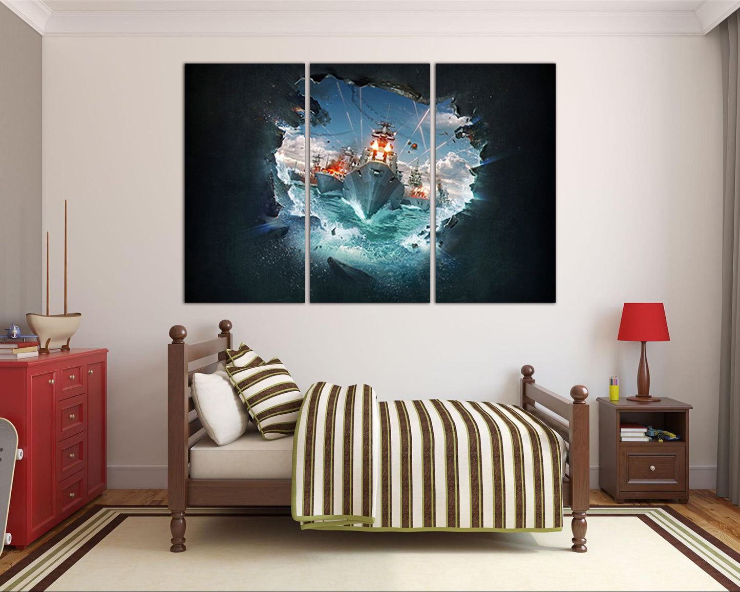 Warship canvas Kids wall art Nursery decor Sea battle Boy room artwork