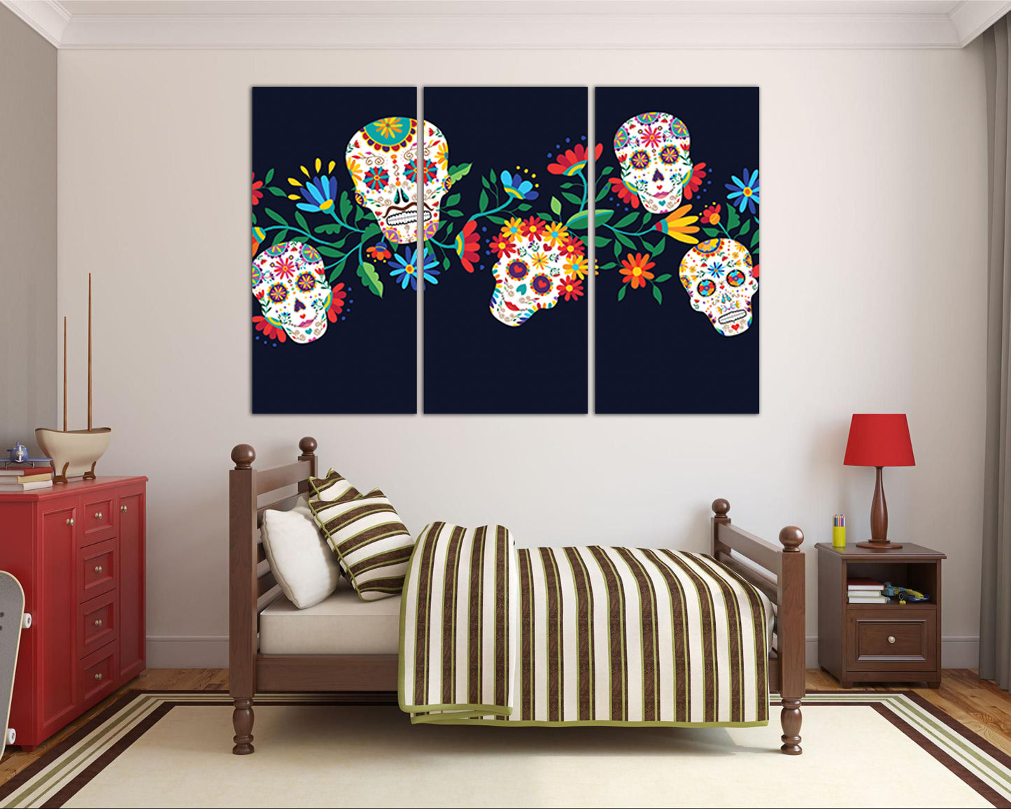Sugar skull canvas Mexican day dead Gothic home decor Flower art works ready to hang