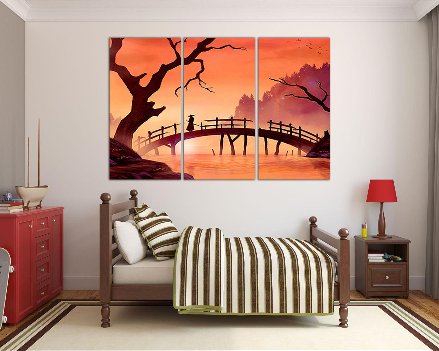 Samurai canvas Japanese art Traditional Japan Bridge wall art Samurai wall art Samurai wall décor Traditional art Gift samurai decor