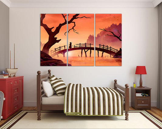 Samurai canvas Japanese art Traditional Japan Bridge wall art Samurai wall art Samurai wall décor Traditional art Gift samurai decor