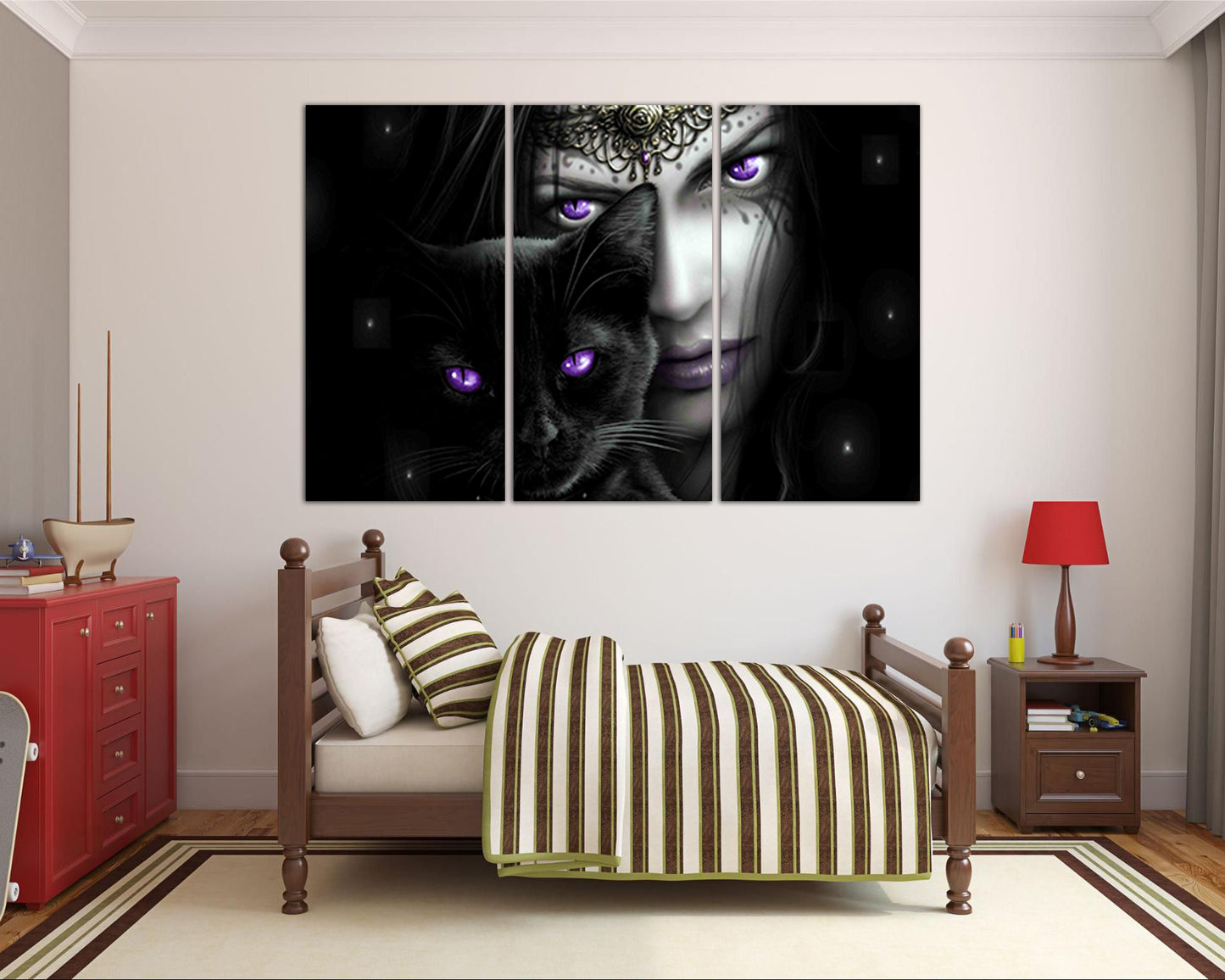 Gothic Victorian print on canvas Black cat décor for wall Magic art work