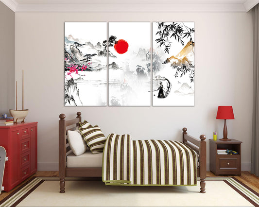 Mountain Japan canvas Sakura art works Sumi e Chinese print Japanese traditional Samurai miniature Bamboo Flower gift
