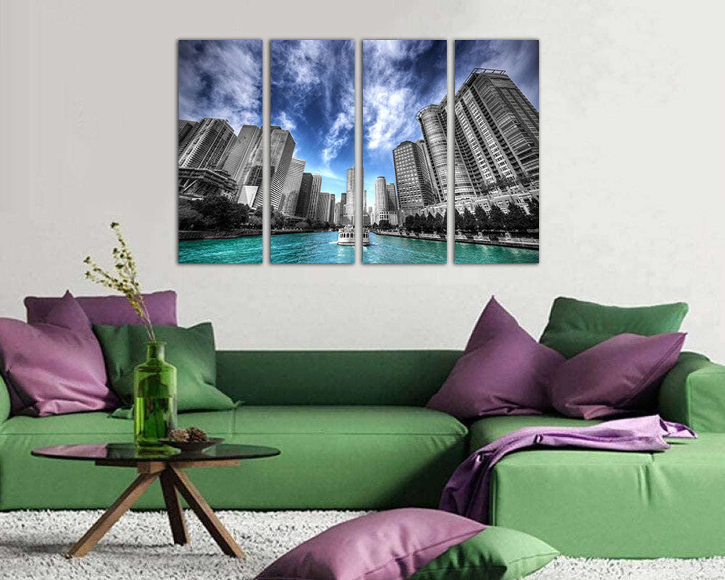 Chicago city Riverwalk canvas Skyline art Cityscape Blue sky design travel prints